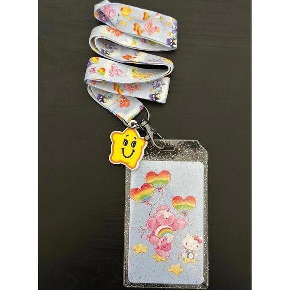 HELLO KITTY X CARE BEARS LOUNGEFLY BACKPACK, WALLET, AND LANYARD